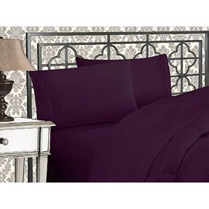 Elegant Comfort 4-delige beddengoedset van microvezel in hotelkwaliteit 1500 met drielijns borduurwerk, kreuk- en lichtbestendig, voor kingsize bedden, auberginepaars