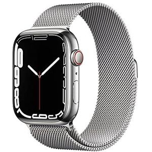 Apple Watch Series 7 (GPS + Cellular, 45mm), Smartwatch, Behuizing van roestvrij staal, zilverkleurig, Milanees armband, zilverkleurig Fitnesstracker, waterdicht