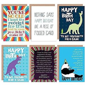 Wee Blue Coo 6 wenskaarten met enveloppen ""Happy Birthday Friends BFF Wine Gin O Saur"", blanco