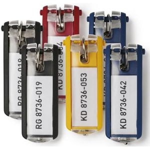 Durable 195700 KEY CLIP Sleutelhangers met etikettenhouder, personaliseerbaar, voor sleutelkasten, verschillende kleuren (2 x zwart, 2 x blauw, 1 x geel, 1 x rood), 6 stuks