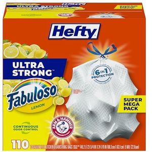 Hefty Lot de 110 grands sacs poubelle de cuisine ultra résistants, parfum citron Fabuloso, 40 litres