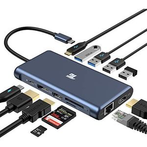 Tiergrade USB C-hub, USB C-adapter, 12-in-1 drievoudige beeldschermadapter met Dual HDMI 4K, DisplayPort, 100W PD 3.0, RJ45 Ethernet, USB-A USB-C poorten, TF/SD-kaartlezer voor MacBook en