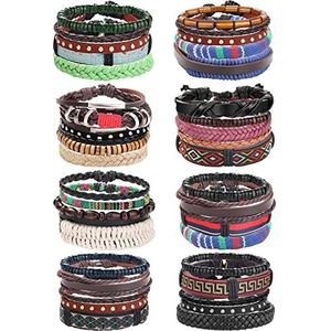 Kakonia 32 - 36 stuks gevlochten leren armbanden voor dames cool boho etnische tribal houten parel manchet wrap handgemaakte pols verstelbare armbanden, Leer Hout Roestvrij staal