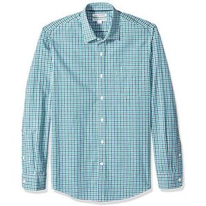 Amazon Essentials Chemise en popeline à manches longues pour hommes, coupe ajustée, vichy bleu vert, taille S