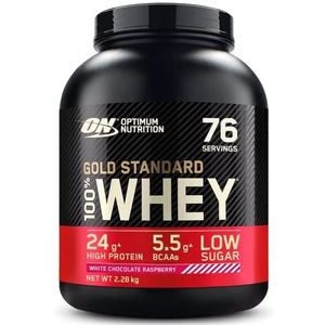 Optimum Nutrition Gold Standard 100% Whey Proteïnepoeder met Whey Isolate, eiwitten voor krachttraining, massa-opbouwing, witte chocolade, framboos, 63 porties, 2,28 kg, verpakking kan variëren