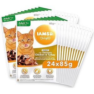 IAMS Delights Natvoer voor katten met kip en kalkoen in saus - compleet natvoer voor volwassen katten, 24 zakjes van 85 g