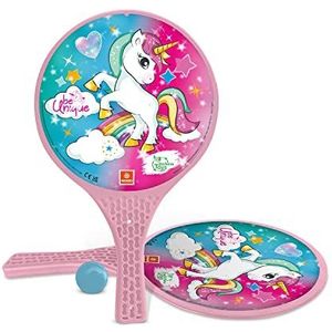 Mondo Toys Unicorn Glitter 2 stuks kunststof rackets / rubberen bal strandspel voor kinderen en volwassenen 15040