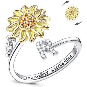 Fidget-ring voor dames, gebakte zonnebloem, in grootte verstelbaar, spinner ring, zilver, stapelbaar, stressvermindering, angst, letters, vingers, cirkel, gravure ""You Are My Sunshine"" aan de binnenkant, sieraden, strassteentjes, zirkonia