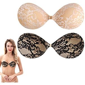 Voxshe 2 stuks zelfklevende beha strapless beha kant herbruikbare panty onzichtbare beha voor rugvrije avondjurk, zwart + nude, A, zwart en nude.