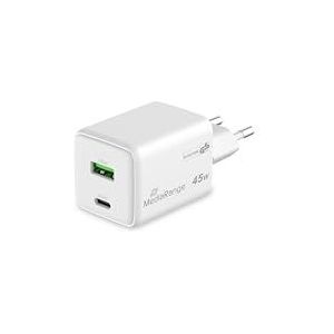 MediaRange GaN 45 W snellaadadapter (eurostekker), 1 x USB-C en 1 x USB-A, ondersteunt USB-C® Power Delivery en Quick Charge™, wit