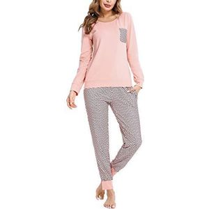 Doaraha Geruite pyjama voor dames, T-shirt en broek, pyjama met lange mouwen, netstof, nachtkleding van katoen, korte mouwen, met zak, kraagkussen, 2 stuks, C - Roze 1