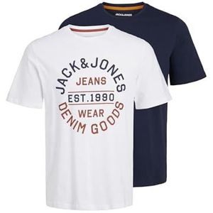 JACK & JONES Jjmikk T-shirt Ss Crew Neck 2 stuks Mp T-shirts voor heren, Wit/Navy Blauw
