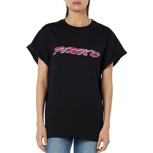 Pinko Telesto T-shirt en coton avec impression et strass pour femme, Zw1_Noir/Fuchsia, XL