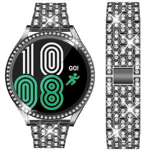 DEALELE Band Compatibel met Samsung Galaxy Watch 4 40mm / 44mm, 20mm Strass Diamanten Metaal Armban met Beschermende Hoes + Screenprotector van Gehard Glas Vervanging voor Vrouwen Mannen, Zwart