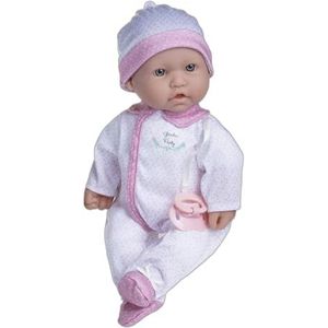 JC Toys Baby Kaukasische 40,6 cm (16 inch), kleine zachte body babypop, wasbaar, afneembaar wit en roze outfit met hoed, vrede en magische fles, voor kinderen vanaf 12 maanden