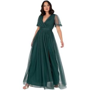 Anaya with Love Dames maxi-jurk voor dames, V-hals, korte mouwen, Frilly Long Empire Waist for Wedding Guest Bridesmaid Maid of Honour damesjurk (1 stuk), Emerald Groen