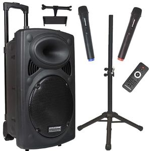 DYNASONIC - DYNAPRO 15 Plus (3e generatie statiefpakket) professionele draagbare bluetooth-luidspreker, krachtige 800 W bluetooth-behuizing, 2 karaoke-microfoons, tablethouder en UHF-statief