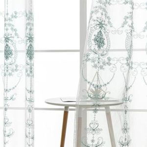 Set van 2 geborduurde bloemengordijnen voor slaapkamer, woonkamer, eetkamer, landhuis, met oogjes, 140 x 145 cm, groen