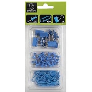 Exacompta - Art.-Nr. 14852E - Set met 58 klemmen, bestaande uit 20 push-pins, 30 paperclips (paperclips) en 8 dubbele metalen clips, alles in een kunststof etui met 3 vakken - lichtblauw