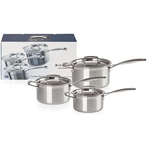 Le Creuset Set van 6 potten, 3 steelpannen met deksel, Ø 16/18/20 cm, roestvrij staal, 3-laags, inhoud 1,9/2,8/3,8 l, compatibel met alle warmtebronnen (inclusief inductie), zilverkleurig