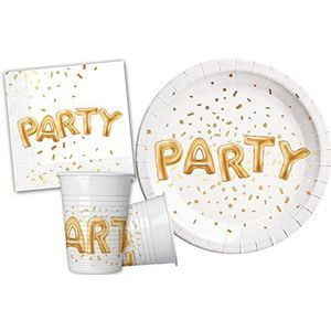 Ciao Hello-Kit Table Party voor 8 personen (36 delen: 8 borden Ø23 cm, 8 plastic bekers 200 ml, 20 papieren servetten 33 x 33 cm), eenvoudig, meerkleurig, S, Y4650, wit, goud