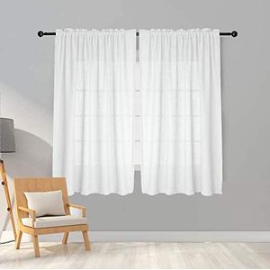 Melodieux Set van 2 semi-transparante faux linnen gordijnen met stangdoorvoer voor slaapkamer, woonkamer, raam - wit 140 x 137 cm