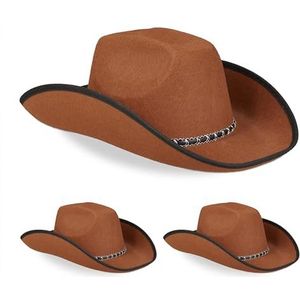 Relaxdays 3 stuks western-cowboyhoeden voor dames en heren, westernstijl, carnaval, volwassenen, bruin