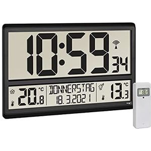 TFA Dostmann Digitale wandklok XL 60.4521.01 met buitentemperatuur, binnentemperatuur, dag van de week (8 talen), radiogestuurde klok, datum, zwart, (L) 360 x (B) 235 x (H) 28