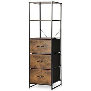 FANTASK Industriële boekenkast met 3 laden en 3 open planken, houten opbergkast met metalen frame, kantoorplank, commode voor woonkamer, kantoor