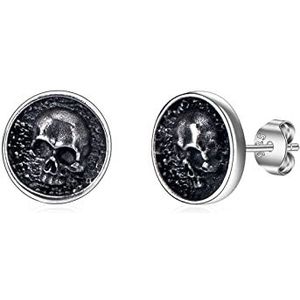 PHNIBIRD Oorbellen Schedel Zwart 925 Sterling Zilver Gothic Oorbellen Cadeau voor Mannen, Edelmetaal, Geen edelsteen