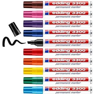 edding 3300 permanente marker - meerkleurig - 10 pennen - wigpunt 1,5 - 3 mm - permanente marker sneldrogend - waterbestendig, veegvast - voor karton, kunststof, hout, metaal - universele marker