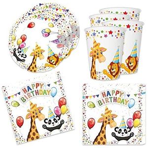 Set van 36 tafeldecoraties voor verjaardag dieren met leeuw, giraf en panda voor kinderen, 8 borden, 8 bekers, 20 servetten, 33 x 33 cm