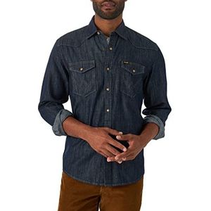 Wrangler Iconic Denim Regular Fit Snap Shirt met lage knoop voor heren, Gespoeld denim
