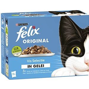 Felix Origineel Seaside Selection kattenvoer, natvoer met tonijn en kabeljauw met zalm en forel, met kool en hart, met garnalen en specerijen van gelei 12 x 85 g, 4 stuks (48 portiezakjes, 4,08 kg)