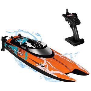 OVERMAX X-TIDE RC raceboot met afstandsbediening met ledverlichting, 25 km/u, 1200 mAh, batterijen, 34 minuten speeltijd, snelheidsregeling, bereik tot 100 m, speelgoed voor zwembad en meer