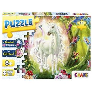 CRAZE Puzzel Magic Forest 200+ stukjes met glitterprint en diamantstickers eenhoornpuzzel voor kinderen vanaf 8 jaar, 30257