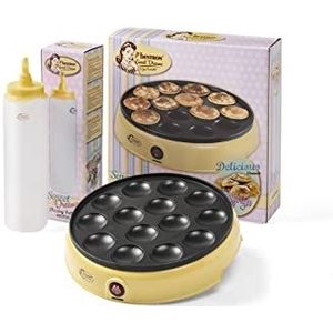 Bestron Poffertjesmaker Voordeelverpakking met deegfles voor 700 ml, ideaal voor Kerstmis, Pasen of kinderverjaardag, retro design, 800 W, kleur: geel