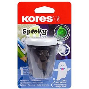 Kores - Spooky: puntenslijper met dubbele gaten voor kinderen en scholieren, spookdesign, gloeit in het donker, stalen messen, school- en kantoorbenodigdheden, uniek pakket