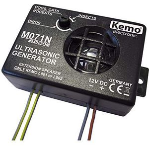 Kemo M071N Ultrasone afweermiddel, 12 V/DC, gepoolde sirene, ultrasoon geluid, tegen knaagdieren, insecten, wild en vogels, frequentie tussen 8 en 40 kHz