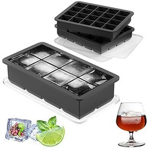 FINIBO Set van 3 ijsblokjesvormen met deksel, 8 siliconen vakken en 20 + 20 kleine stapelbare ijsblokjesvormen, BPA-vrij, voor whiskey, cocktails, sap, doe-het-zelf
