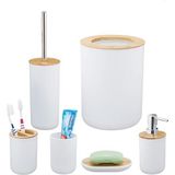 Relaxdays 6-delige badkameraccessoires set bamboe - badkamerset - toilet set - accessoires - wit