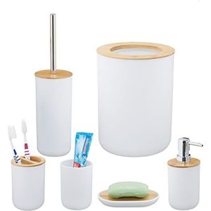 Relaxdays 6-delige badkameraccessoires set bamboe - badkamerset - toilet set - accessoires - wit