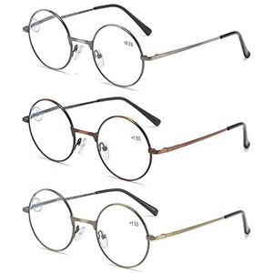 KoKoBin 3 paar leesbril met rond montuur, leesbril, anti-blauw licht, retro metalen bril, voor dames en heren, 2,5 cm, diopters