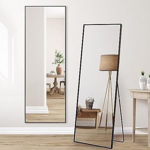 Americanflat Lange spiegel van zwart aluminium, 55 x 150 cm, met standaard, lange spiegel voor slaapkamer en woonkamer met geïntegreerde ezel