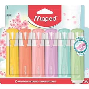 Maped 6 Fluo'Peps markeerstiften in pastelkleuren, punt met afgeschuinde punten, lange houdbaarheid voor school en professional, geel, oranje, roze, paars, blauw en groen
