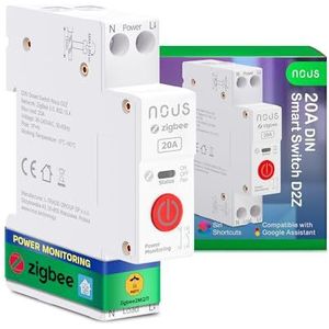 Nous Zigbee DIN-railschakelaar, 20 A, intelligente schakelaar met energiebewaking, compatibel met Zigbee2MQTT, Home Assistant, Alexa & Google Home, afstandsbediening via app, bediening