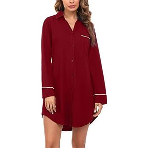 Doaraha Nachthemd dames zomer pyjama V-hals korte mouwen katoen nachtkleding knoopsluiting nachthemd jurk nachthemd met knopen, Rode wijn