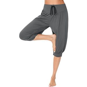 Sykooria Sarouel pour femme - Pantalon de yoga en coton modal doux - Taille haute - Cordon de serrage - Avec poches, Gris (3/4), S