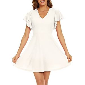 FANCYINN Mini-jurk voor dames, met ruches, A-lijn, swing, flared, skater, cocktail, party, junior jurk, Wit.