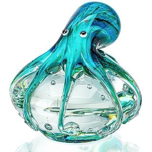 QFkris QF Handgemaakte octopus beeldje geblazen glas cadeau voor Kerstmis verjaardag woondecoratie papier gewicht blauw-groen